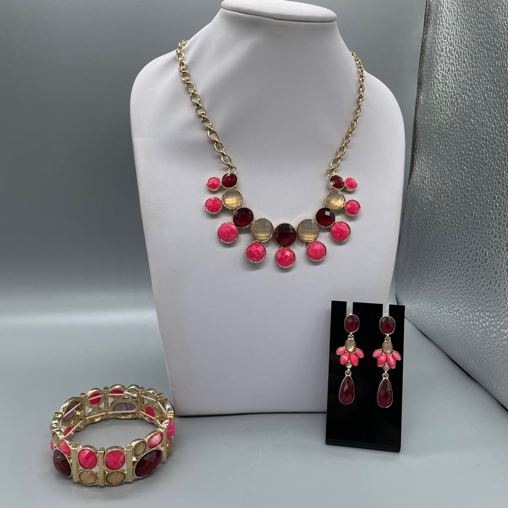 Pappagallo Gold Tone Pink Raspberry Cabochon Necklace Earrings Bracelet Set 80's - Picture 2 of 11